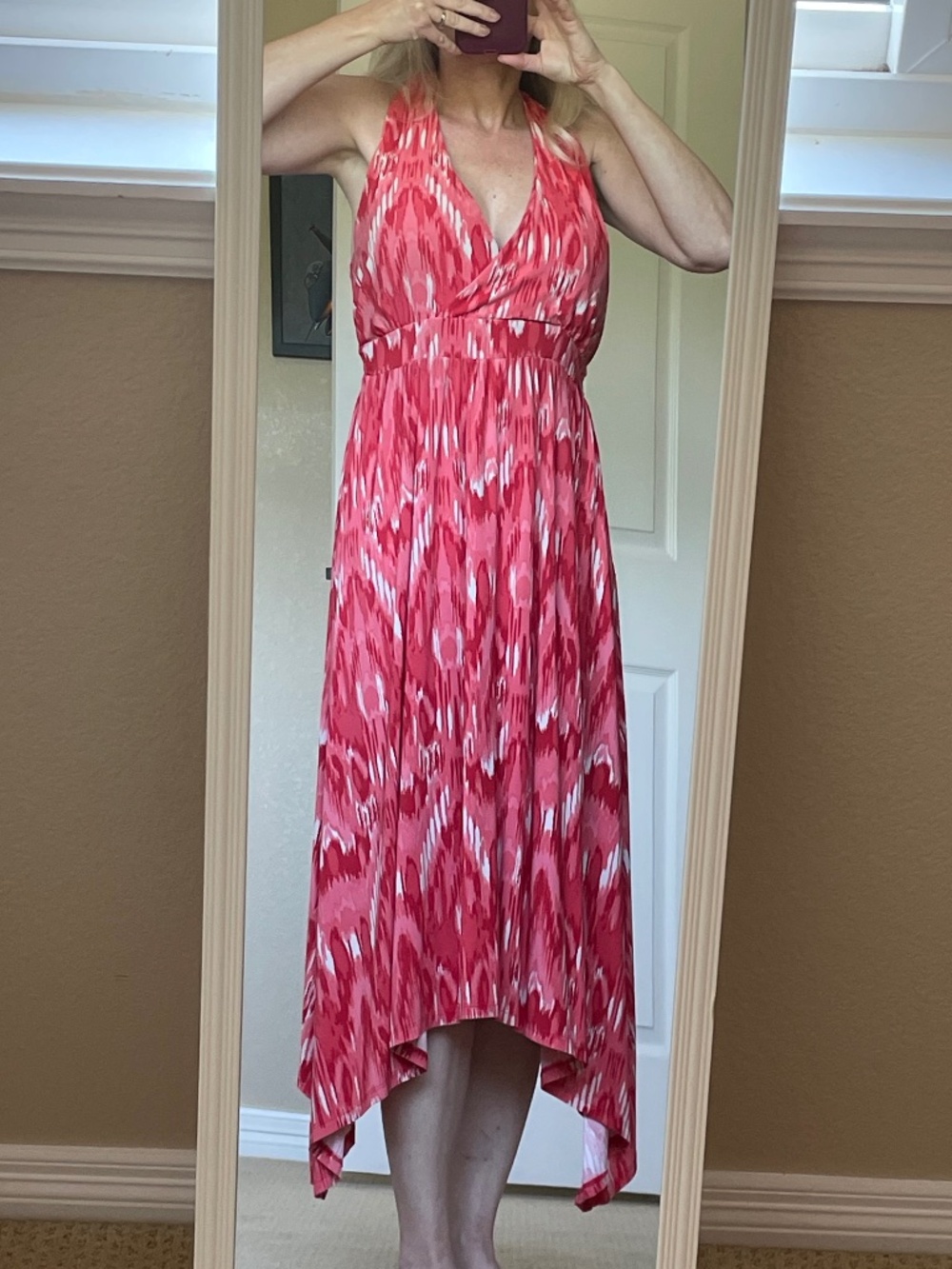 INC XL Red Ikat Print Sharkbite Hem Halter Dress